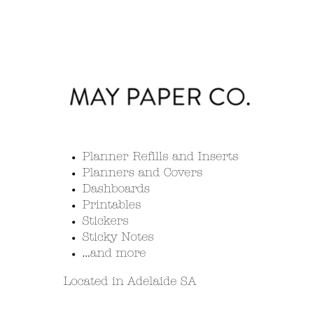Logo and services list of May Paper Co. on a white background